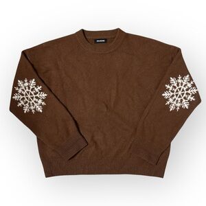 NAADAM Brown Crewneck Sweater with White Snowflake Design- Medium- 100% Cashmere